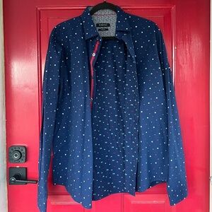 Bugatchi Men's Large Long Sleeve Blue Button Up Shapes Navy Blue Office Business